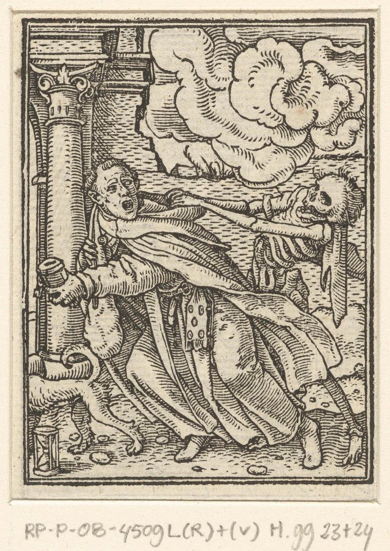 Desenho religioso de um monge contemplando a morte por Hans Holbein (II), papel