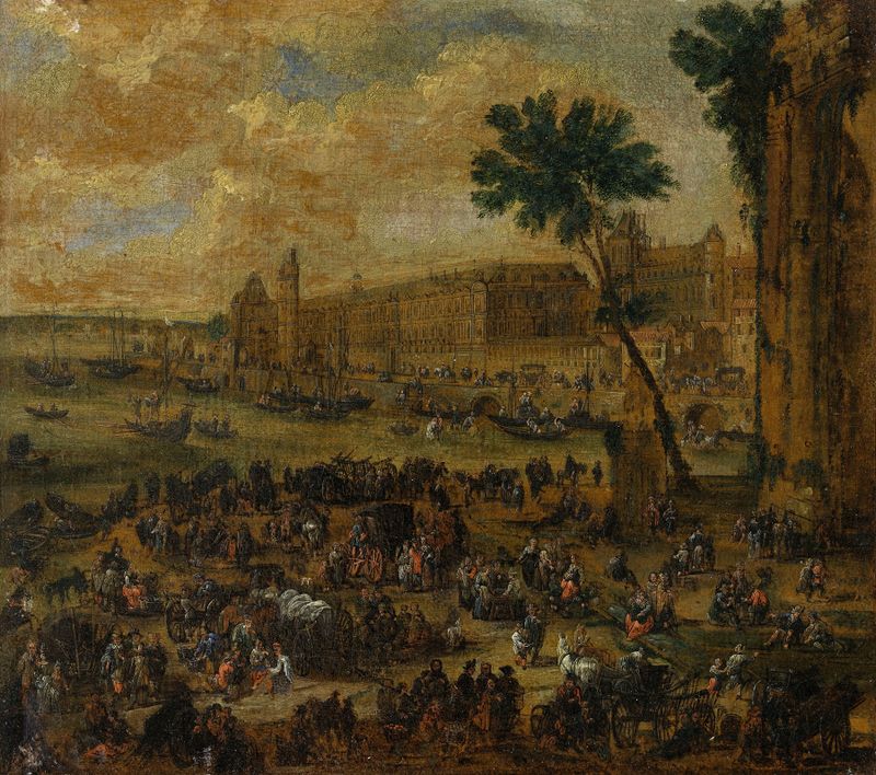 Landscape depicting the Seine with reflections of the Louvre, oil painting by Pieter Casteels.