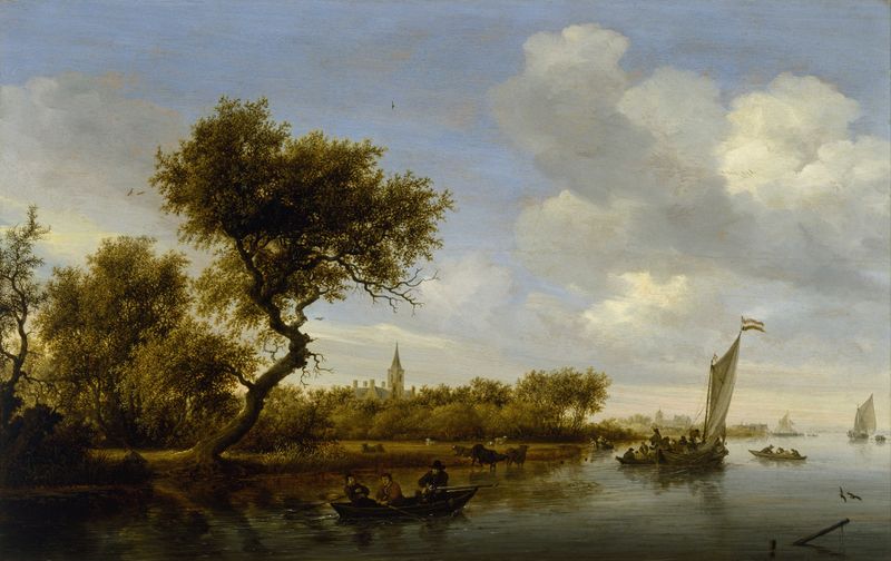 River landscape with a church in the distance, oil on canvas by Jacob Salomonsz. van Ruysdael