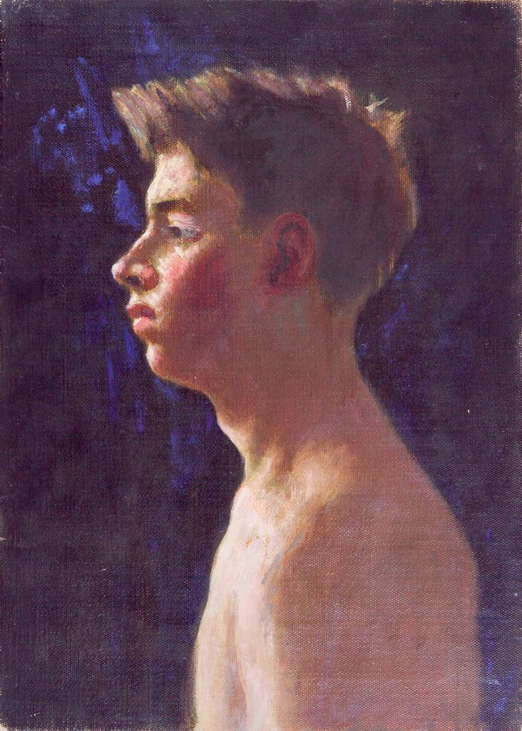 Pintura figurativa al óleo de Denman Waldo Ross con una figura humana envuelta en sombras.