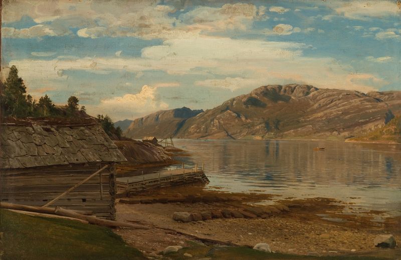 Aften ved Ænes, Kvinnherred de Amaldus Nielsen, óleo sobre lienzo que representa un paisaje tranquilo al atardecer.