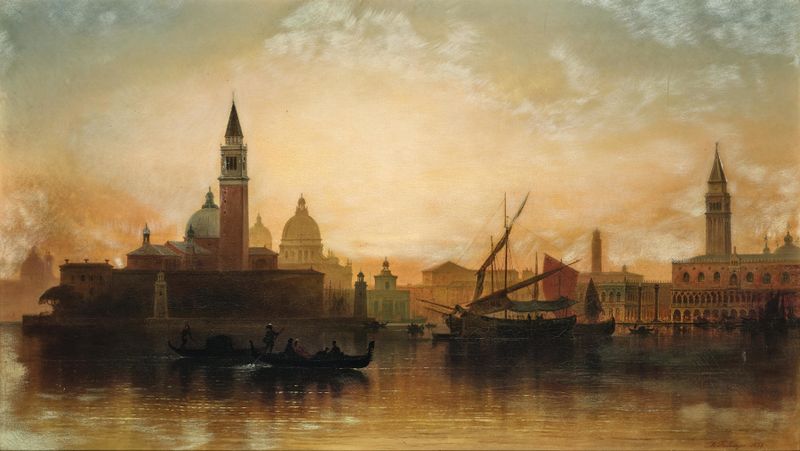Venice in moonlight by Karl Heilmayer, oil painting depicting gondolas on water.