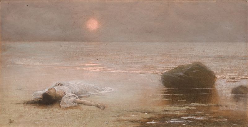Utonulá by Jakub Schikaneder, oil painting of a figure standing by a frozen lake.