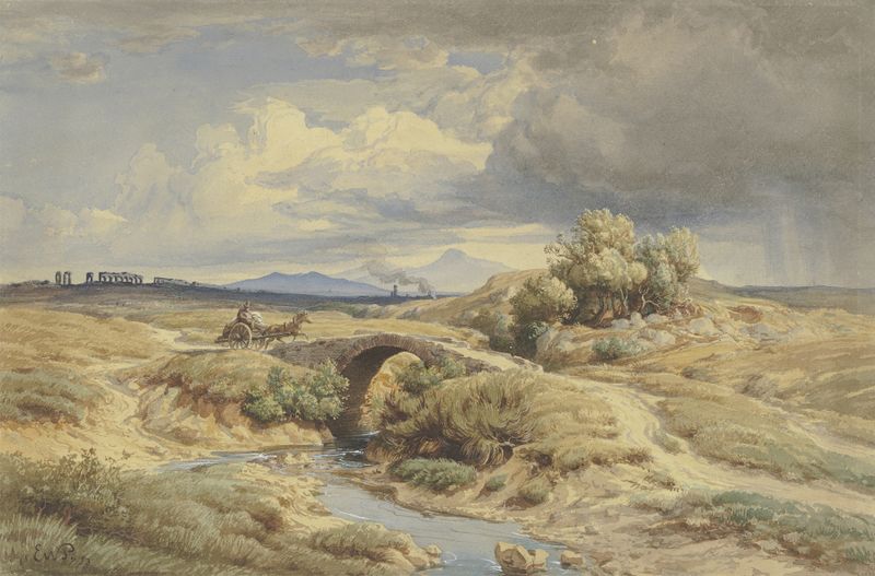 Paisagem da campina italiana com aquedutos, pintura a óleo de Eduard Wilhelm Pose