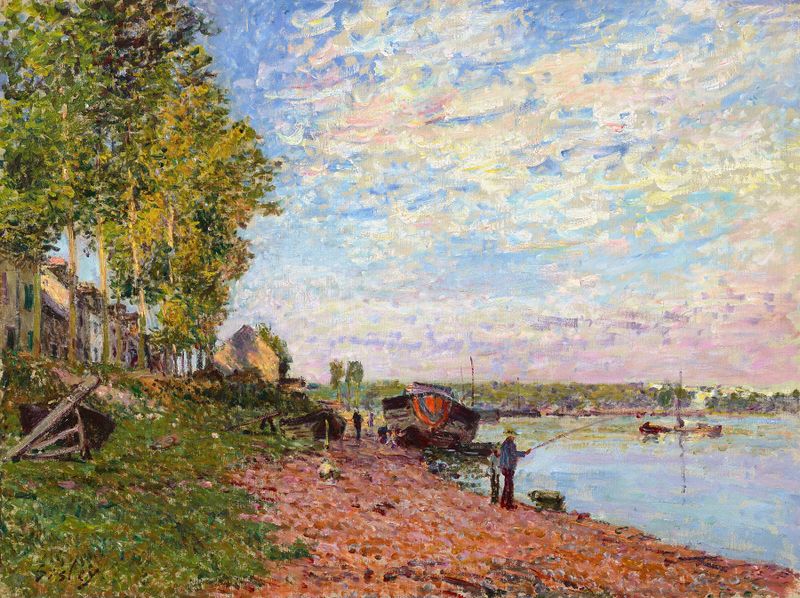 Le Loing à Saint-Mammès de Alfred Sisley, óleo sobre tela, retratando uma paisagem de rio tranquila.