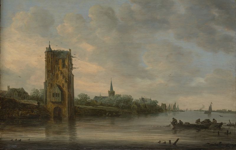 La Puerta Pelkus cerca de Utrecht de Jan van Goyen, óleo que muestra un paisaje fluvial con un arco de piedra.