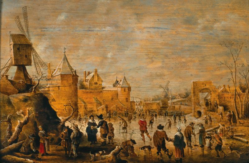 Skaters on a frozen canal, oil on canvas by Cornelis Droochsloot