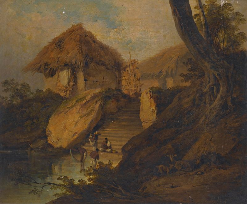 Figuras lavando-se em um rio com cabana de palha atrás, por George Chinnery, pintura a óleo