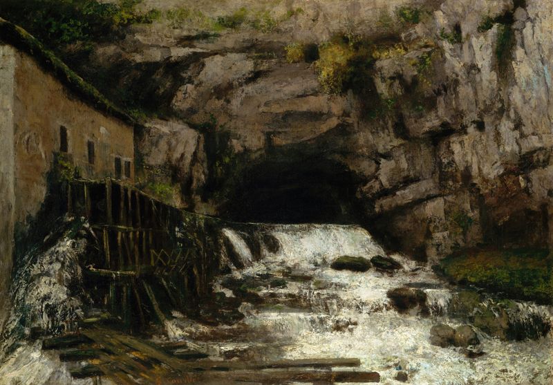 La Fuente del Loue, pintura al óleo de Gustave Courbet con una figura junto a un río