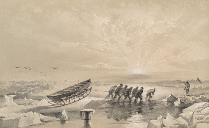 Sledge party returning through water, oil painting by Walter William May