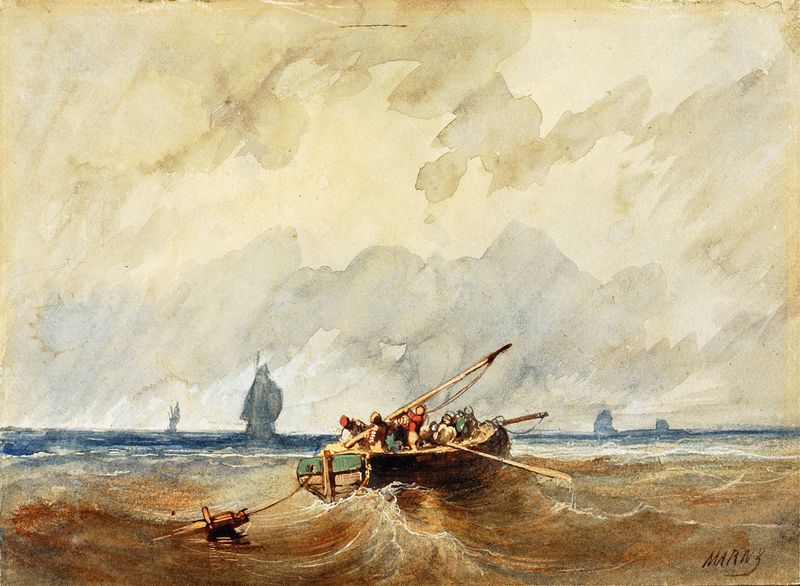 Marine View de Paul Marny, pintura a óleo que retrata um pôr do sol sobre o mar