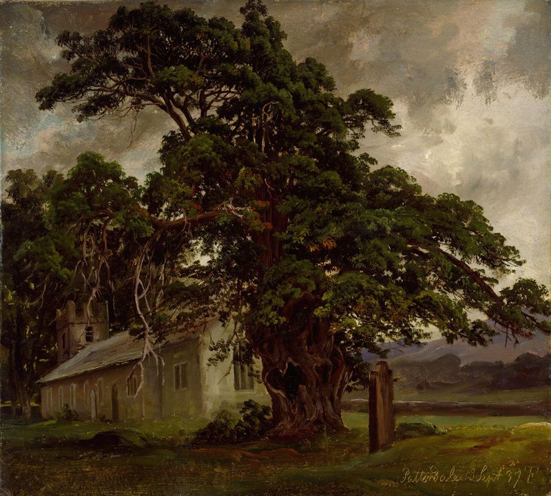 La Iglesia en Patterdale de Thomas Fearnley, óleo que representa una iglesia entre colinas.