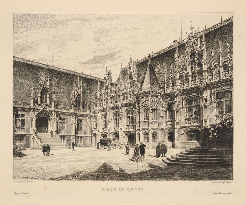 Palais de Justice by Henri Toussaint, oil on canvas depicting a grand building with intricate details.