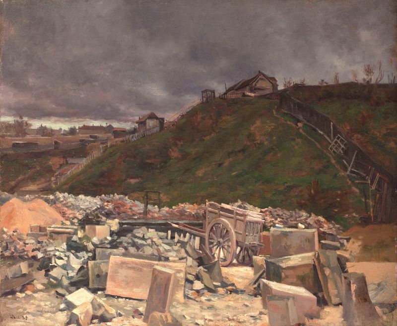 Dépôt de pavés à Montmartre de Maximilien Luce, óleo sobre tela mostrando um carro cheio de tijolos.