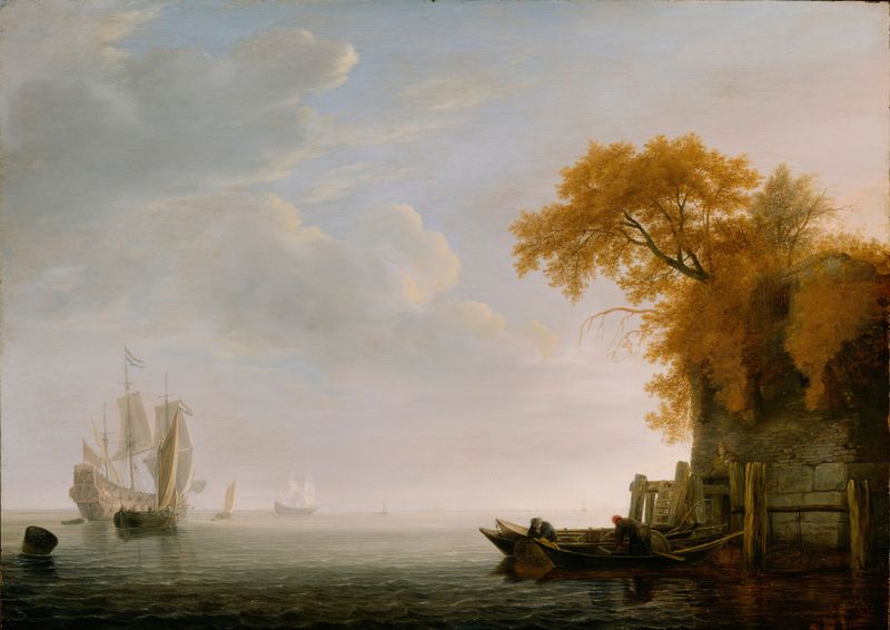 A Calm Sea by Simon de Vlieger, oil painting depicting a tranquil marine landscape