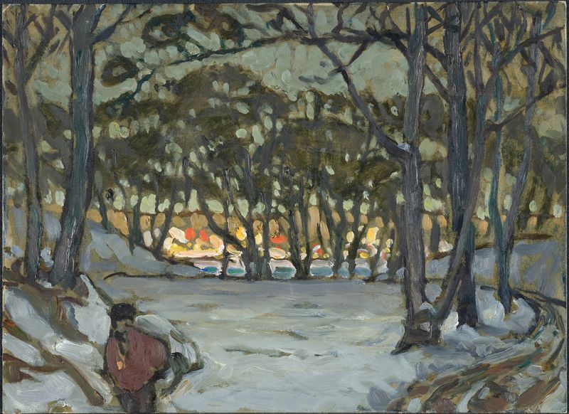 Paisaje invernal con una figura solitaria caminando por un camino cubierto de nieve, de Anna Boberg, pintura al óleo