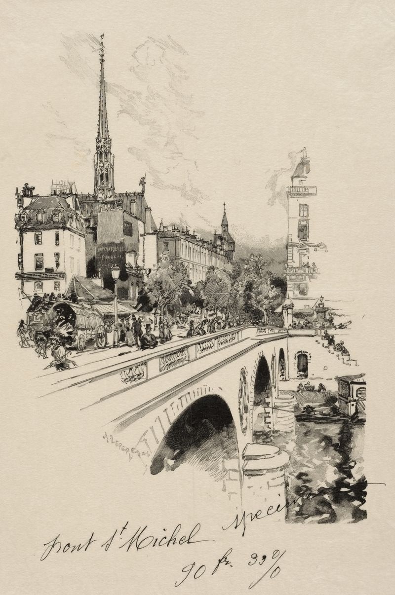Grabado de Auguste Louis Lepère que representa Le Pont Saint-Michel sobre un río