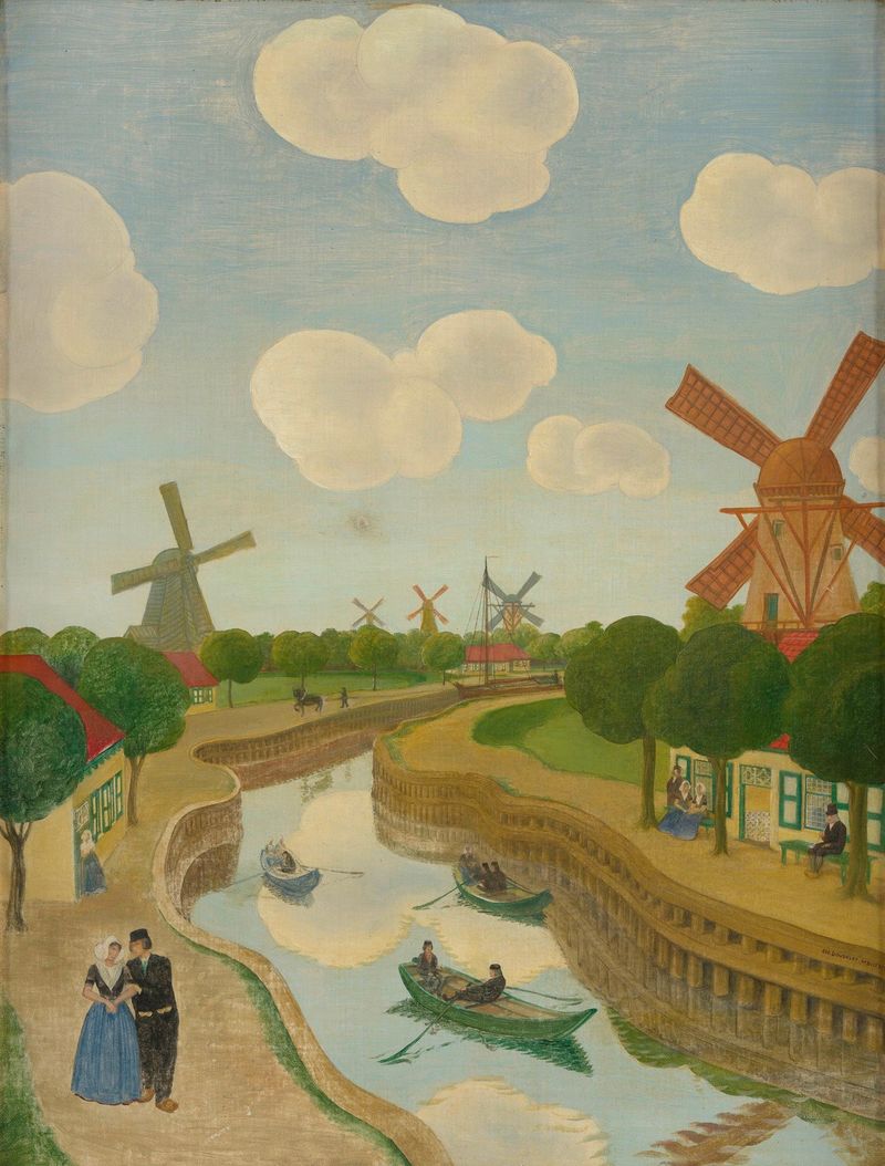 Paisaje con Molinos de Viento de Charles Doudelet, óleo sobre lienzo, que muestra molinos al atardecer.