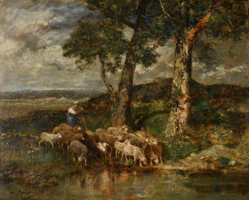 Moutons à l’abreuvoir by Charles Emile Jacque, oil painting depicting sheep near a water trough.