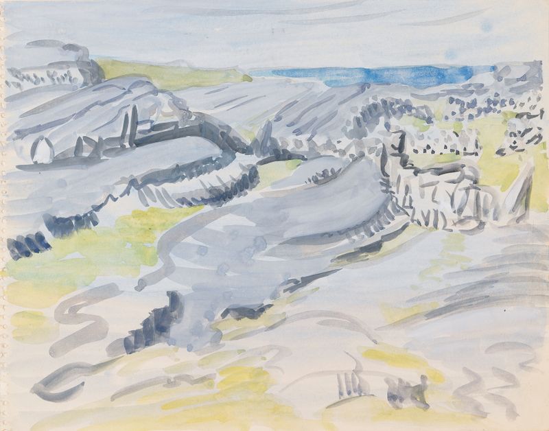 Fields near the Sea in the West of Ireland by Mainie Jellett, oil painting depicting serene Irish landscape.