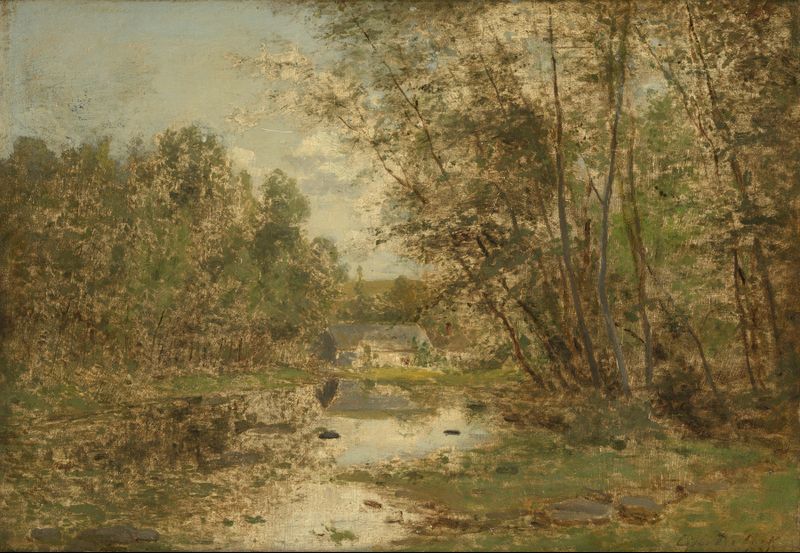 Landscape by César De Cock, oil on canvas, depicting green hills under a bright sky