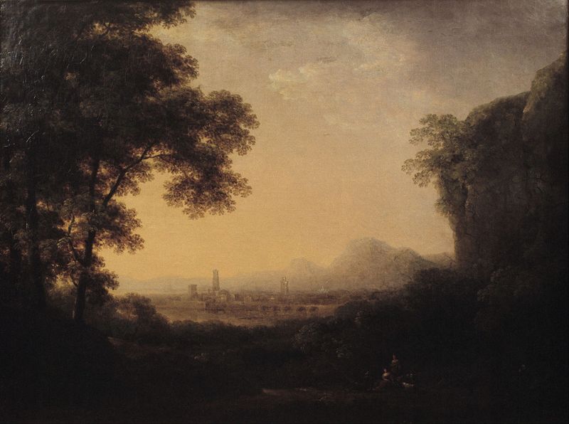 Romantic landscape by Carl Johan Fahlcrantz, oil painting depicting a solitary figure in twilight.
