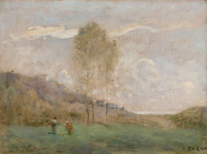 Paisaje con follaje de otoño y dos figuras, pintura al óleo de Jean-Baptiste-Camille Corot