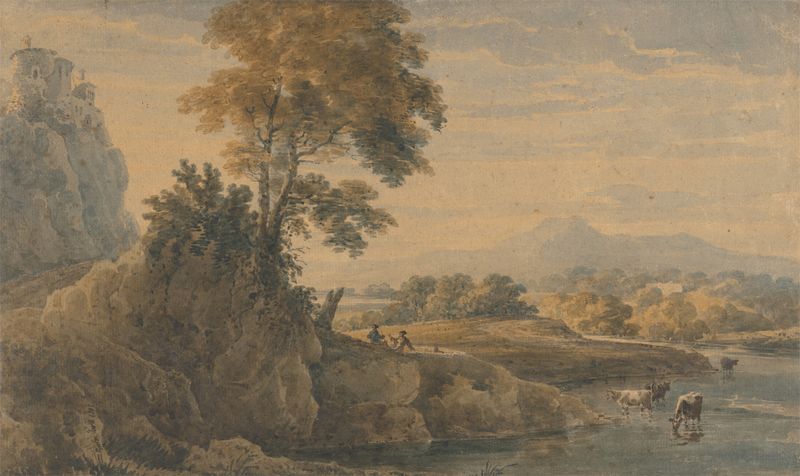 Romantic Landscape de Thomas Girtin, aquarela sobre papel que representa colinas serenas e nuvens etéreas.