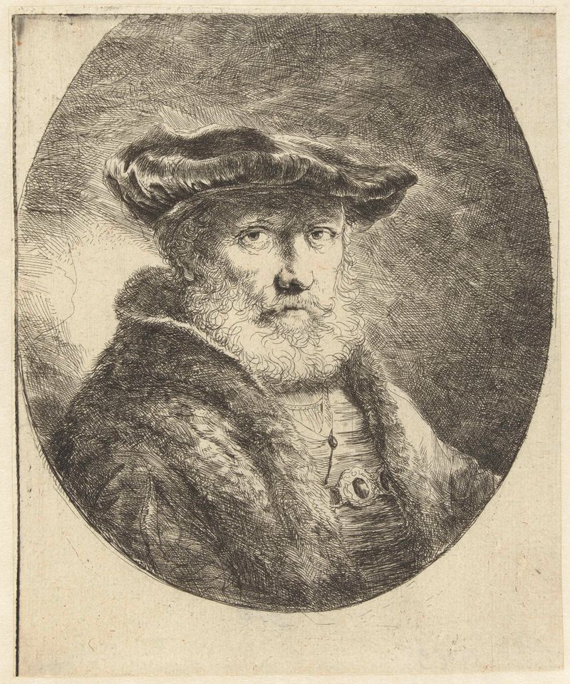 Portrait of an old man with a blue baret, etching by Ferdinand Bol