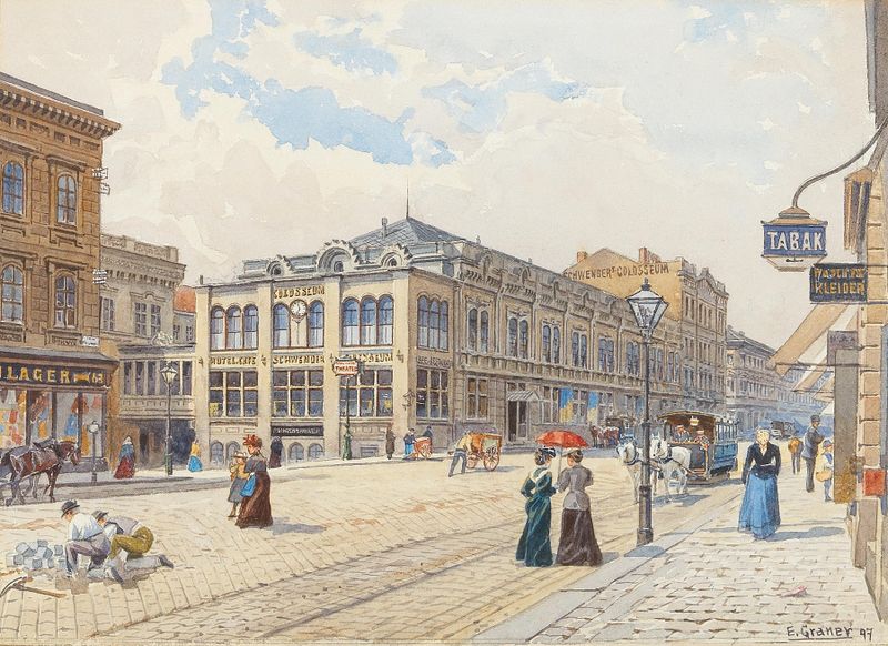 Schwender Colosseum in Mariahilfer Straße de Ernst Graner, pintura al óleo que muestra arquitectura intrincada.