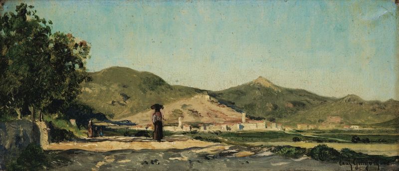 Peasant woman walking on a sunlit path in Provence, oil on canvas by Paul-Camille Guigou