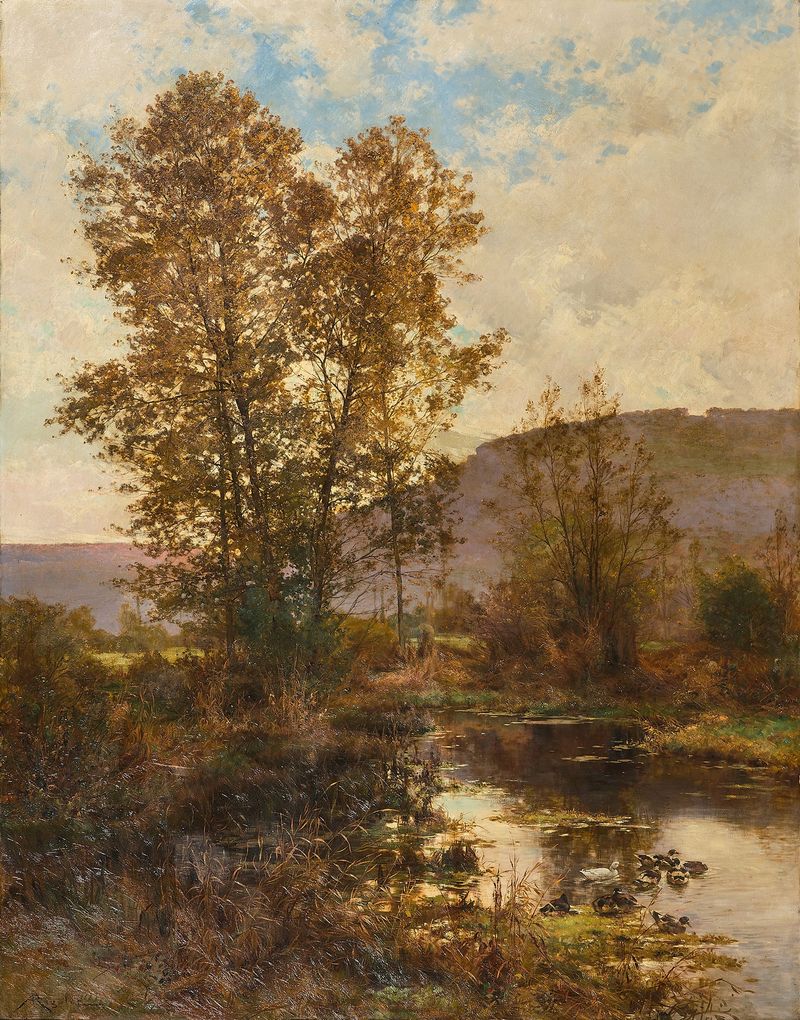Autumn landscape with a tranquil lake, by Albert Rigolot, medium unknown.