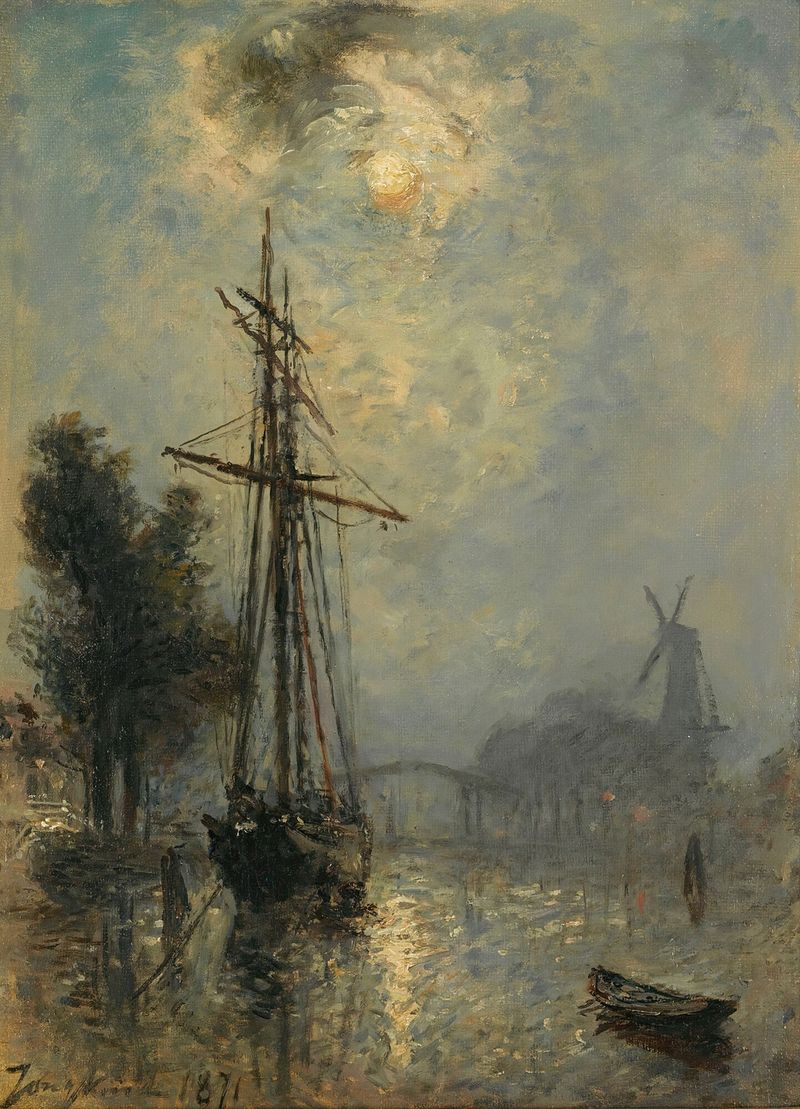 Vue Du Port D’overschie, óleo sobre lienzo de Johan Barthold Jongkind, que representa una costa con agua y luz.