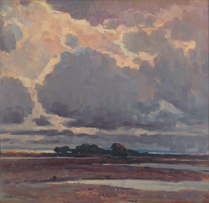 Después de la tormenta, óleo sobre lienzo de Ľudovít Čordák, que representa un paisaje tranquilo con un horizonte tormentoso.