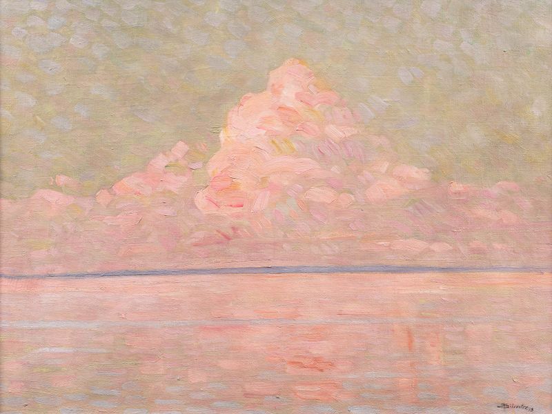 Paisaje impresionista de Albert Henri Louis Silvestre, que representa un lago al atardecer.