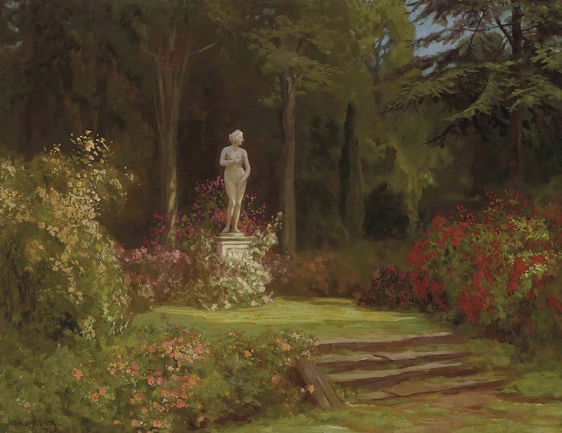 Obra impresionista de Arthur John Black que muestra una figura en un jardín de rosas.