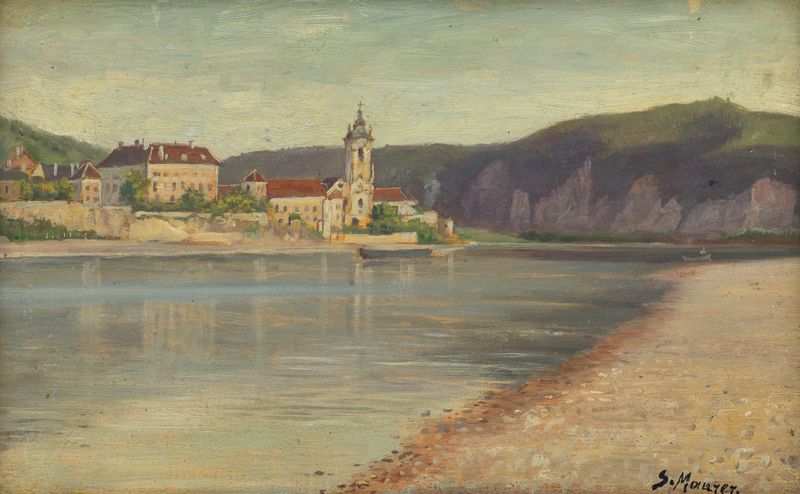 Impressionist landscape by Serafin Maurer depicting Dürnstein and the river.