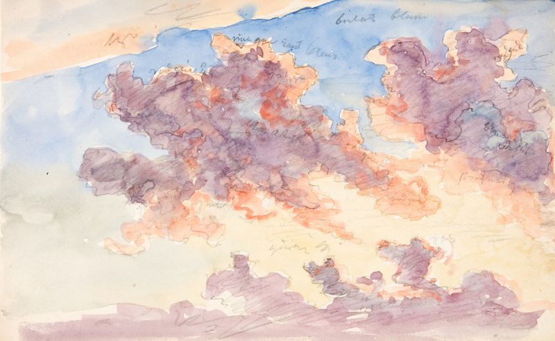 Paisaje al atardecer con suaves naranjas y azules profundos, óleo sobre lienzo de Martinus Rørbye