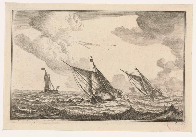 Drie zeilschepen op een ruwe zee, gravura de Reinier Nooms mostrando navios em um mar tempestuoso