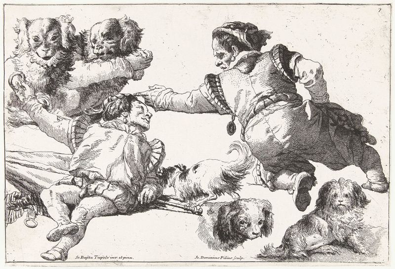 Studies van twee mensen en vijf honden, gravura de Giovanni Domenico Tiepolo que mostra duas figuras e cinco cães.
