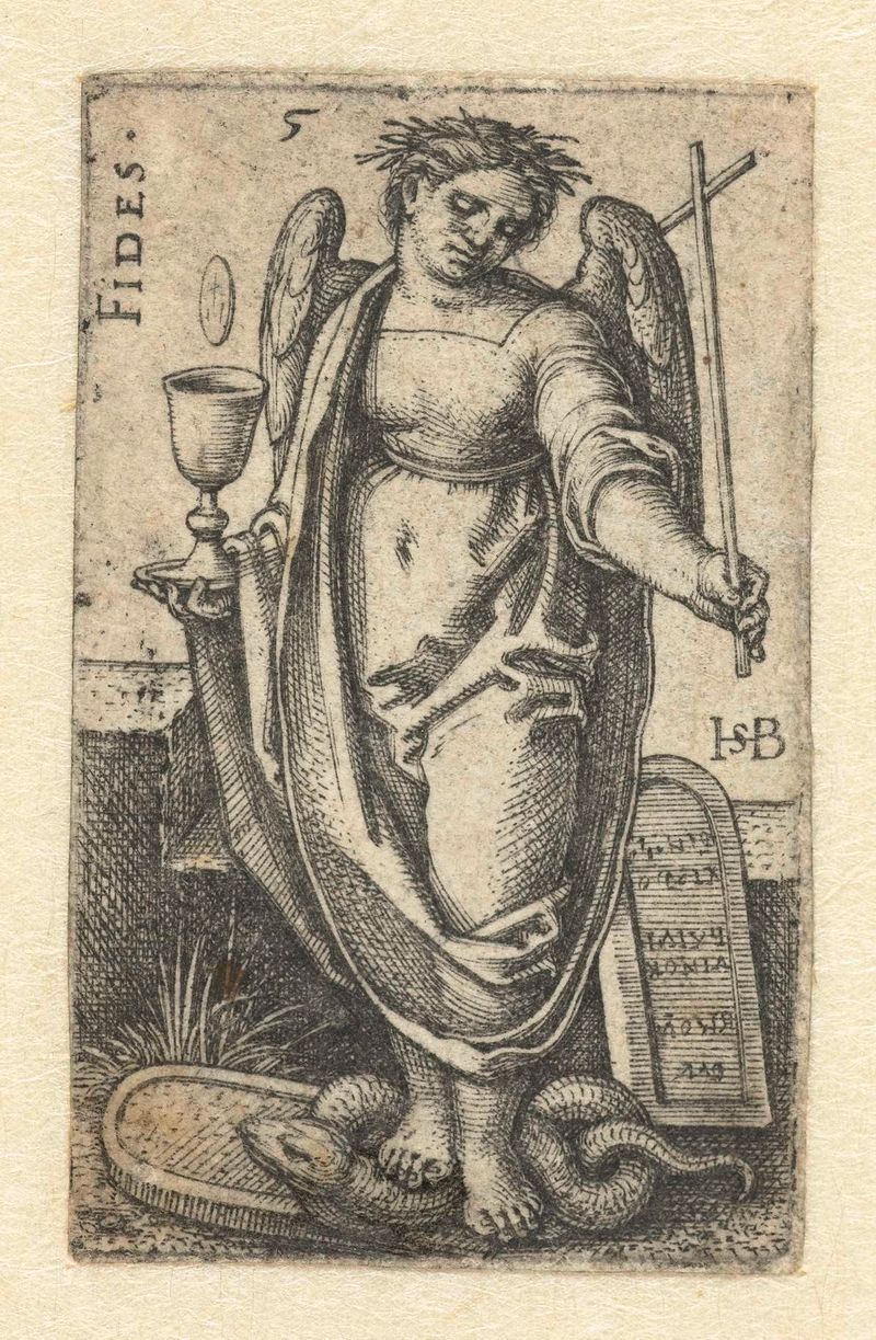 Grabado de Hans Sebald Beham que representa a una mujer sosteniendo un libro, simbolizando la fe.
