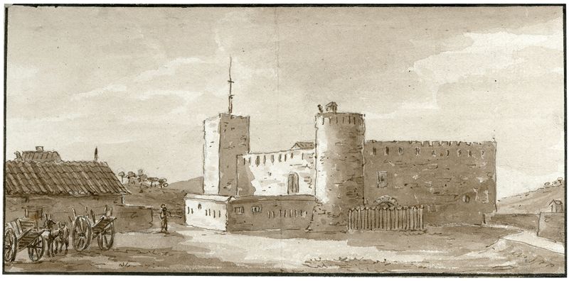 Pintura a óleo de paisagem por Otto Howen apresentando um castelo iluminado por luz dourada e sombras profundas.