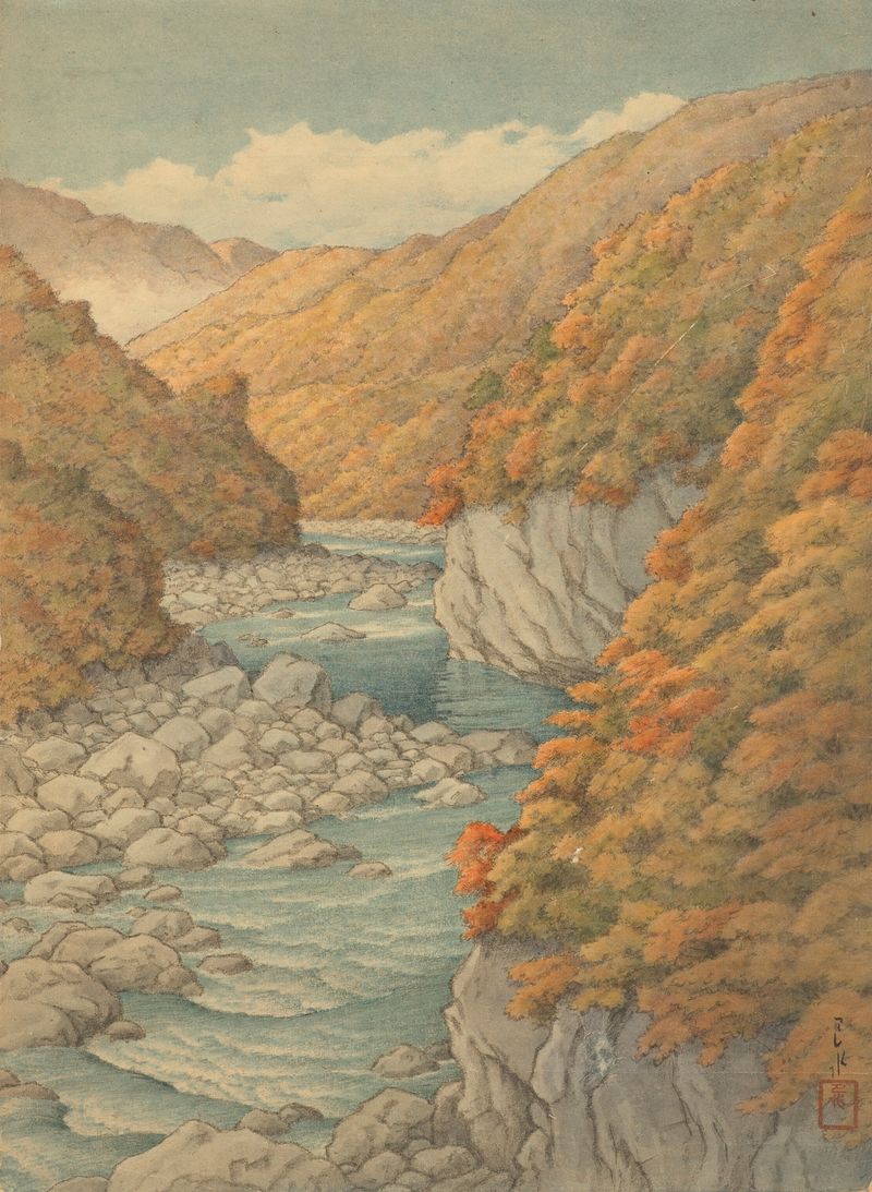 Ukiyo-e de Kawase Hasui, retratando folhas de outono e um lago tranquilo