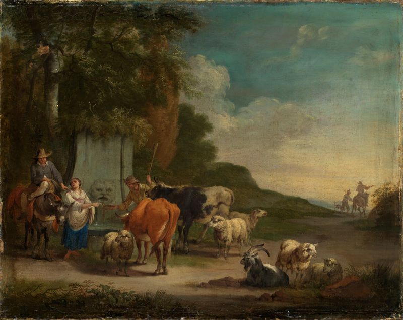 Landschaft mit Hirten und Herde am Brunnen by Pieter Bout, oil painting of a serene landscape with a shepherd and a well.
