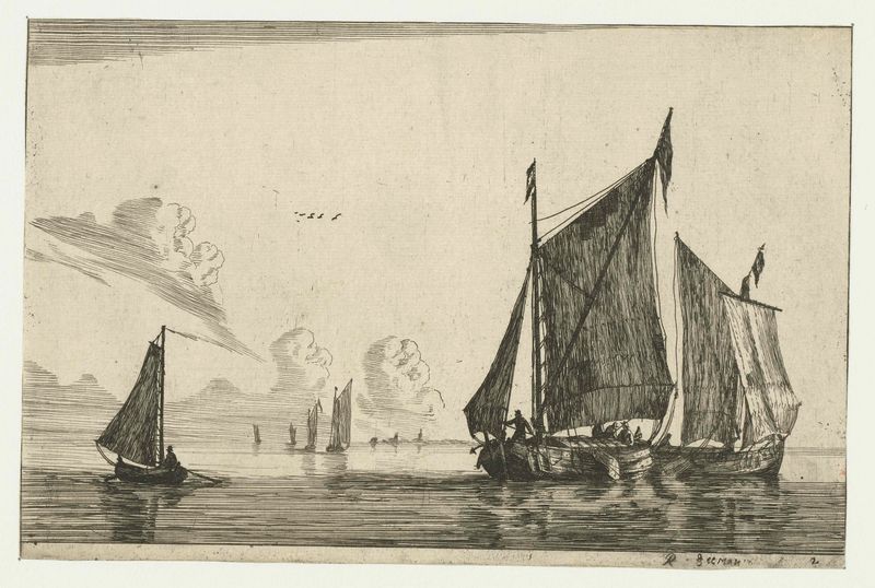 Gravura de Reinier Nooms mostrando três barcos à vela em água calma
