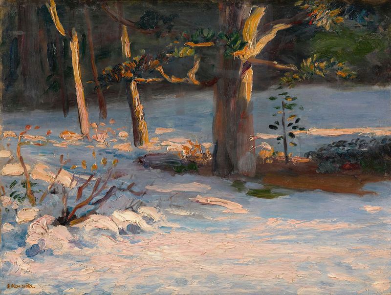 Winter Landscape de Kuroda Seiki, óleo sobre lienzo que muestra colinas cubiertas de nieve y un cielo apagado.