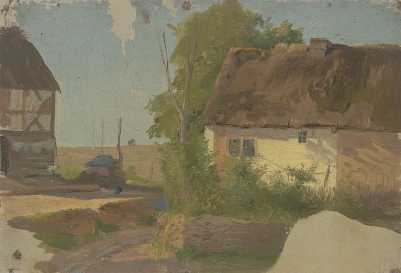 Farm House by Jakob Becker, realism, depicting a rural structure with weathered wooden beams.