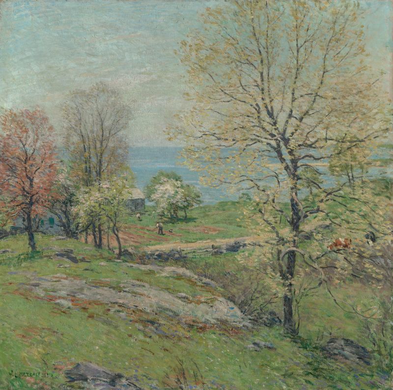 Landscape with an oak tree and vibrant foliage by Willard Leroy Metcalf, oil painting