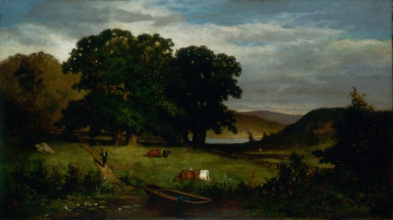 Oak Trees de Edward Mitchell Bannister, óleo sobre lienzo que muestra majestuosos troncos de roble y luz filtrada.