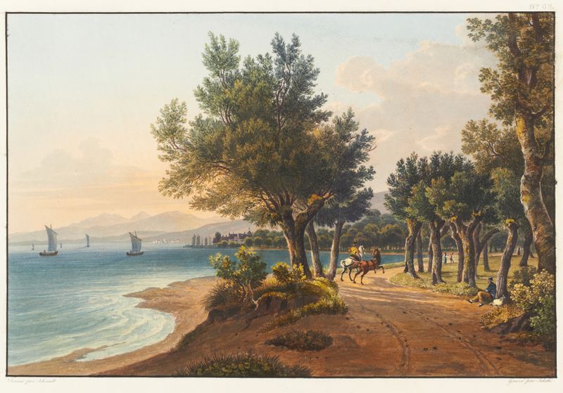 Pintura a óleo de Johann Ludwig Bleuler retratando uma paisagem serena de lago.
